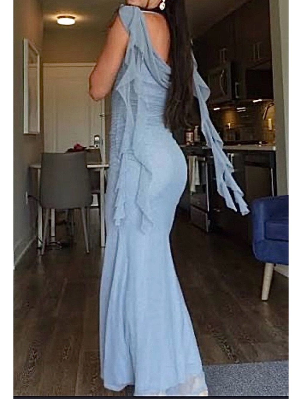 NWT BLUE COWL NECK SOLID RUFFLE HEM RUCHED MAXI DRESS S